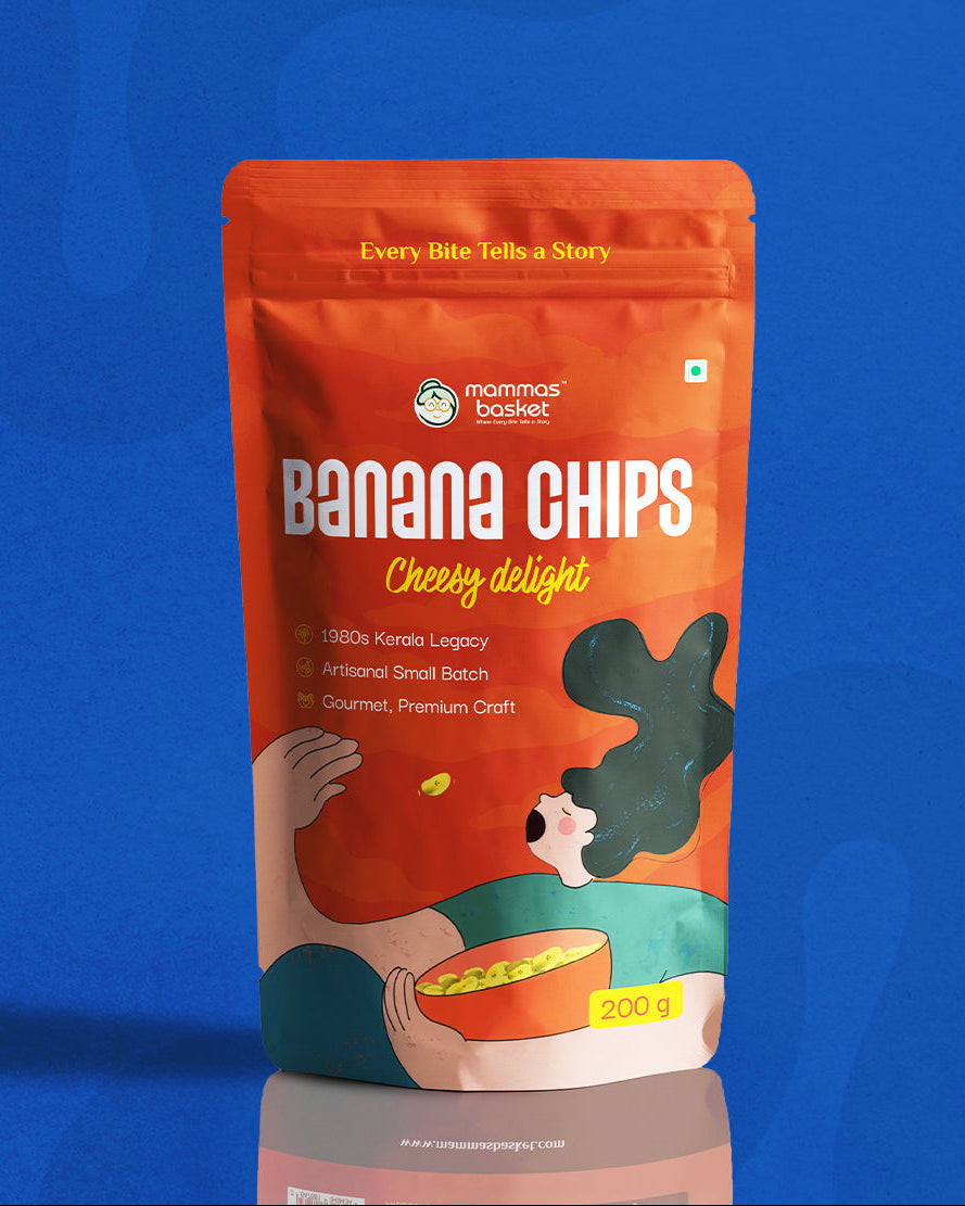 Packaging of Banana Chips with a blue background