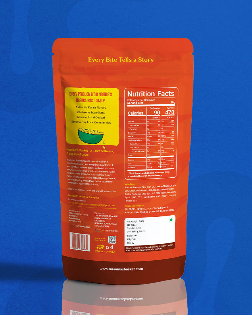 Orange food packaging with nutrition facts label on a blue background