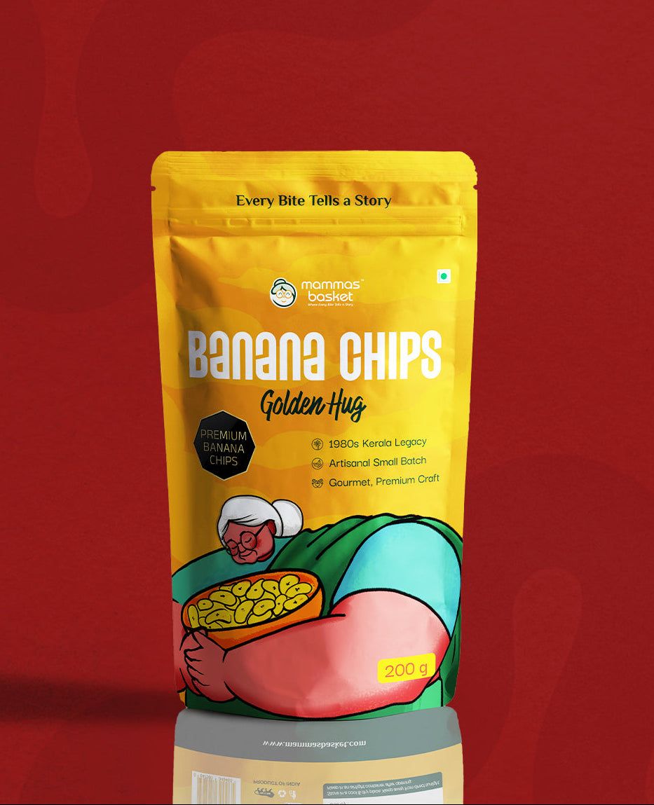 Packaging of Banana Chips with a colorful design on a red background