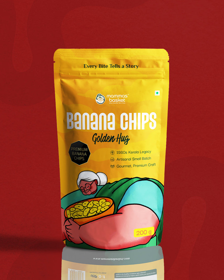 Packaging of Banana Chips with a colorful design on a red background