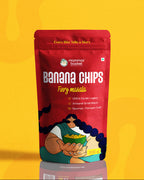 Packaging of Banana Chips with a red background on a yellow gradient background