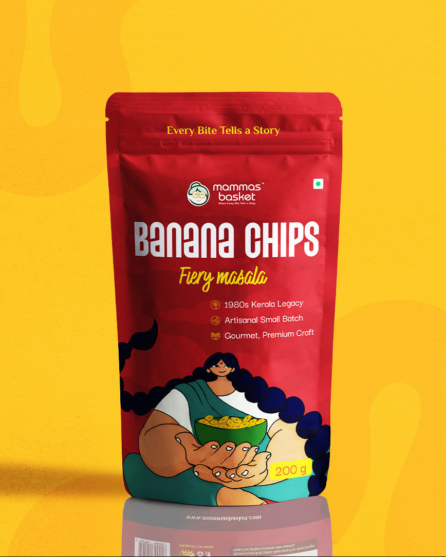 Packaging of Banana Chips with a red background on a yellow gradient background