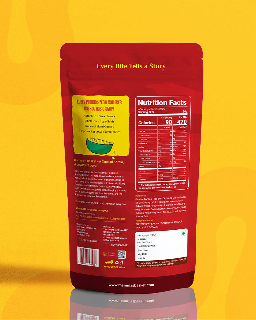 Red food packaging with nutrition label on a yellow background