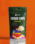 Packaging of Banana Chips with a green background and orange gradient