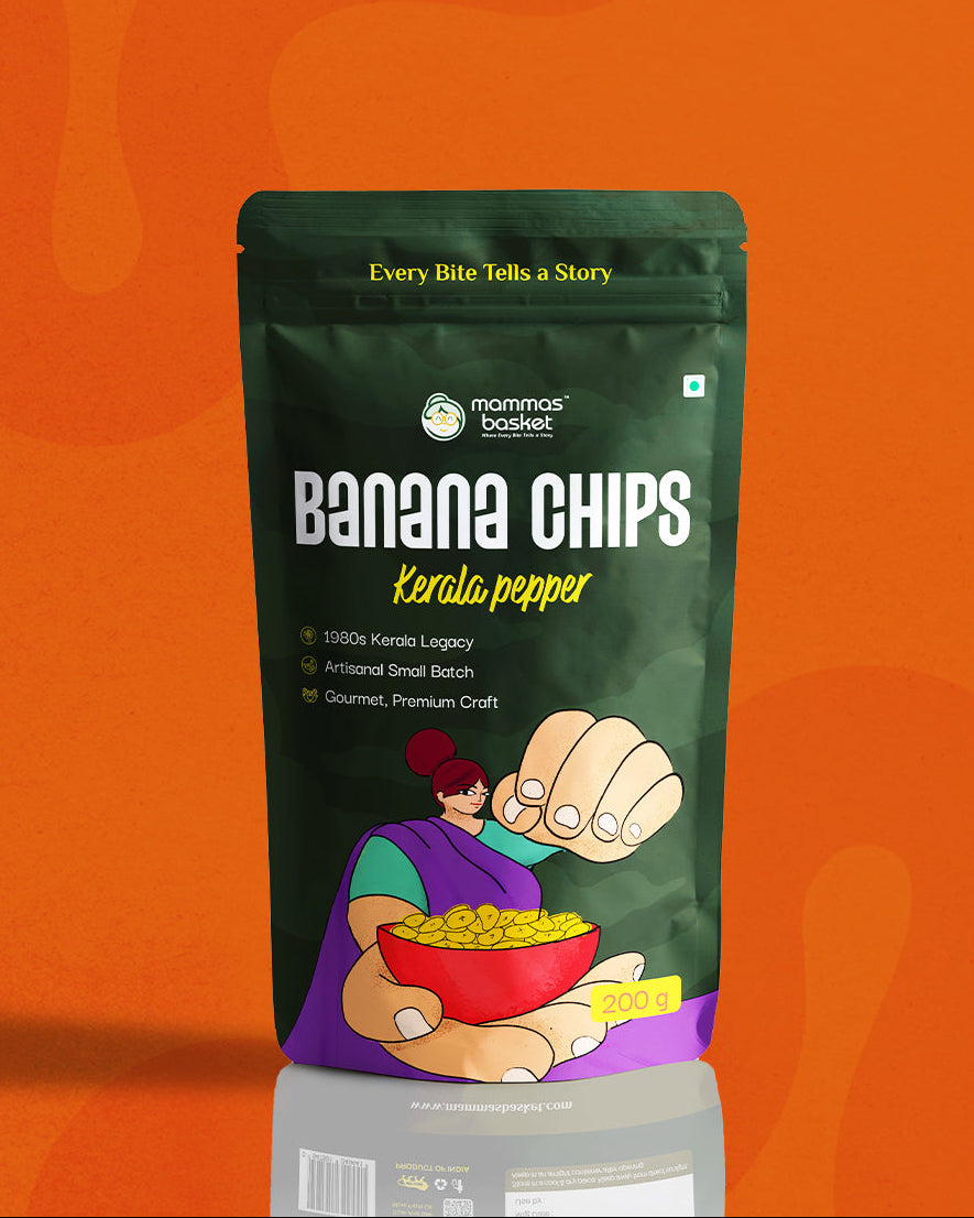 Packaging of Banana Chips with a green background and orange gradient