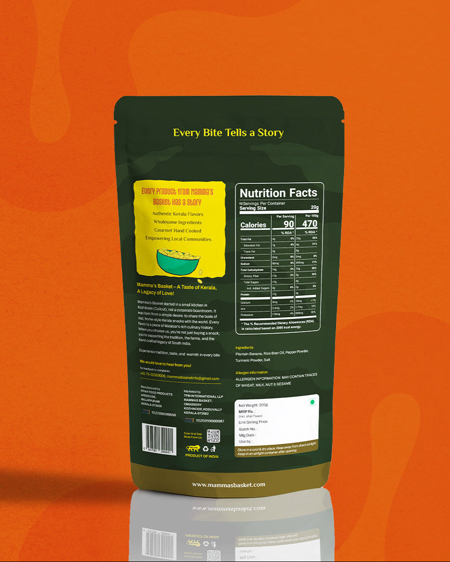 Green food packaging with nutrition facts label on an orange background